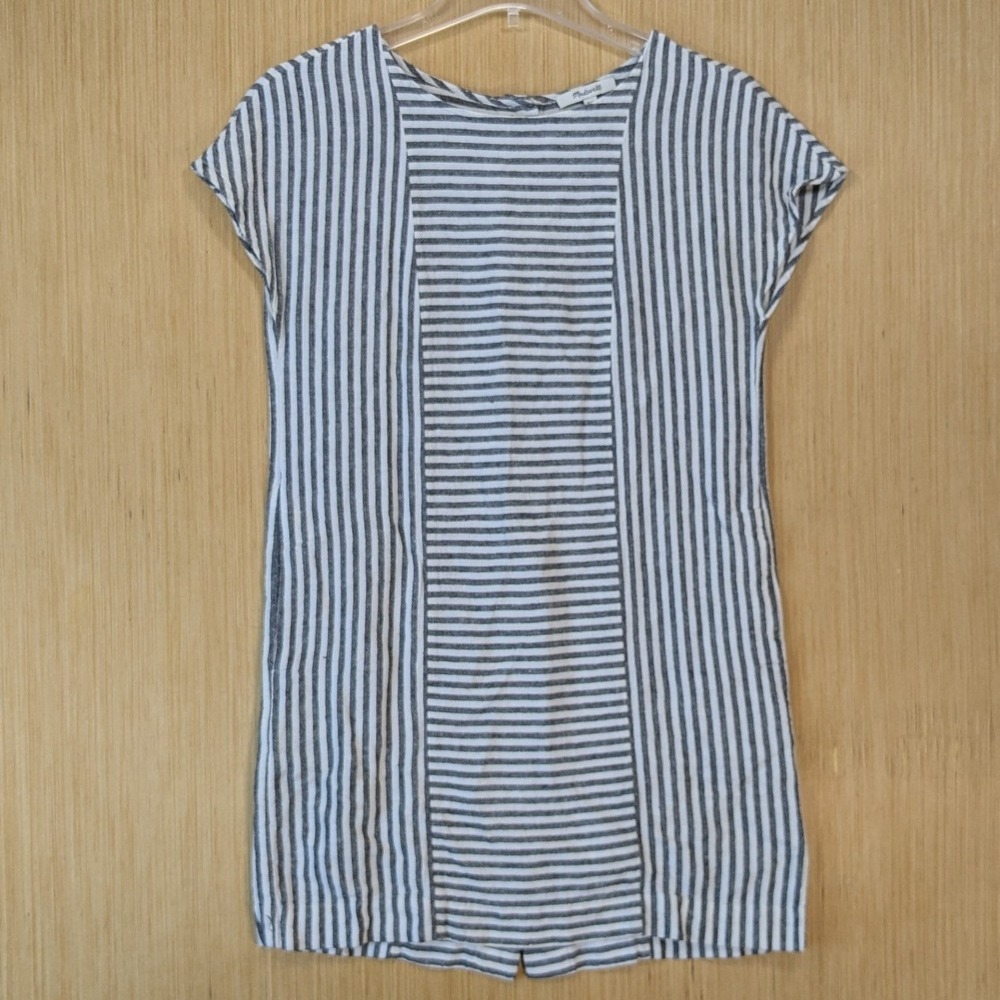 Madewell Striped Linen Blend Mini‎ Dress Nautical Sailor Boxy Twee XXS Black
